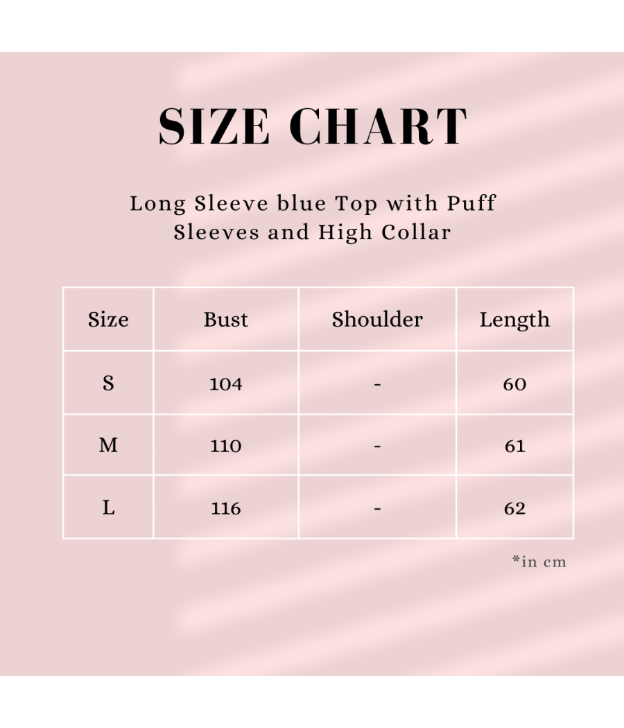 Long Sleeve Blue Top with Puff Sleeves and High Collar