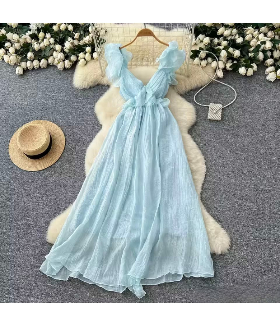 Baby Blue Boho Ruffle Maxi Dress
